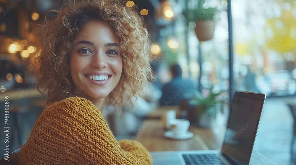 Young woman with curly hair smiles while working on a laptop in a cozy café Young woman with curly hair smiles while working on a laptop in a cozy café