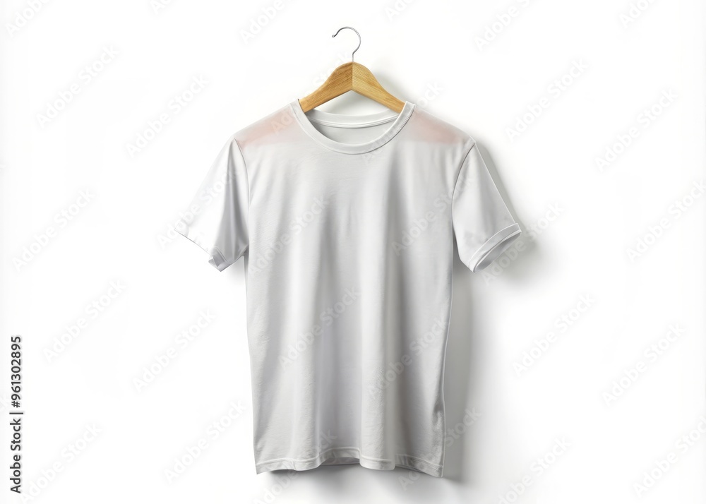 A crisp white crew neck cotton T-shirt hangs solo on a sleek white hanger, its simple design exuding A crisp white crew neck cotton T-shirt hangs solo on a sleek white hanger, its simple design exuding