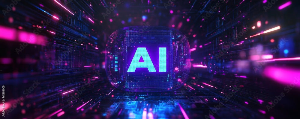 Glowing neon AI logo in dark futuristic environment with vibrant colors Glowing neon AI logo in dark futuristic environment with vibrant colors
