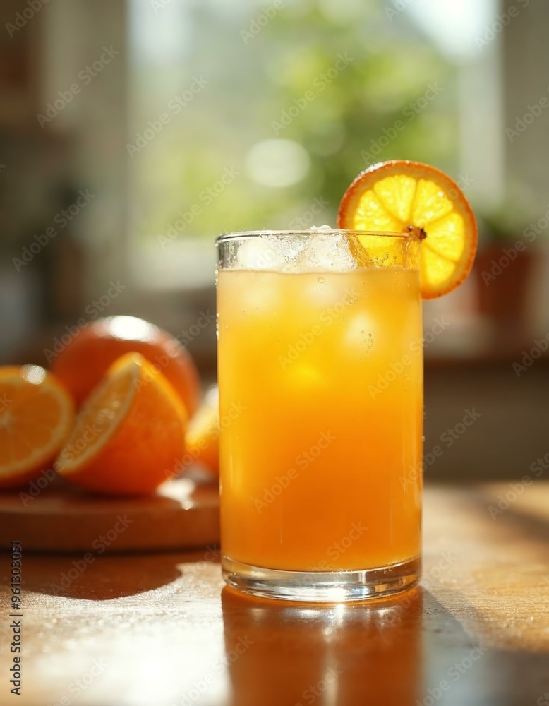 Refreshing Orange Juice. Tall glass of orange juice with ice and a slice of orange. Summer drink, vitamin C. Refreshing Orange Juice. Tall glass of orange juice with ice and a slice of orange. Summer drink, vitamin C.
