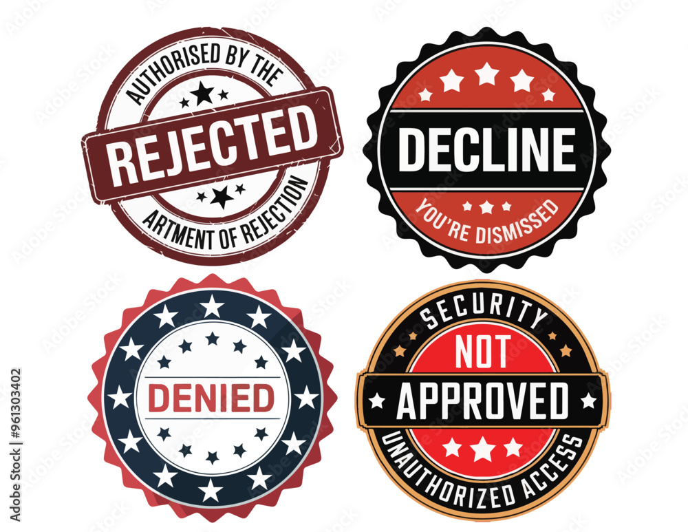 Set of Rejected and Denied Stamps with Bold Typography Set of Rejected and Denied Stamps with Bold Typography
