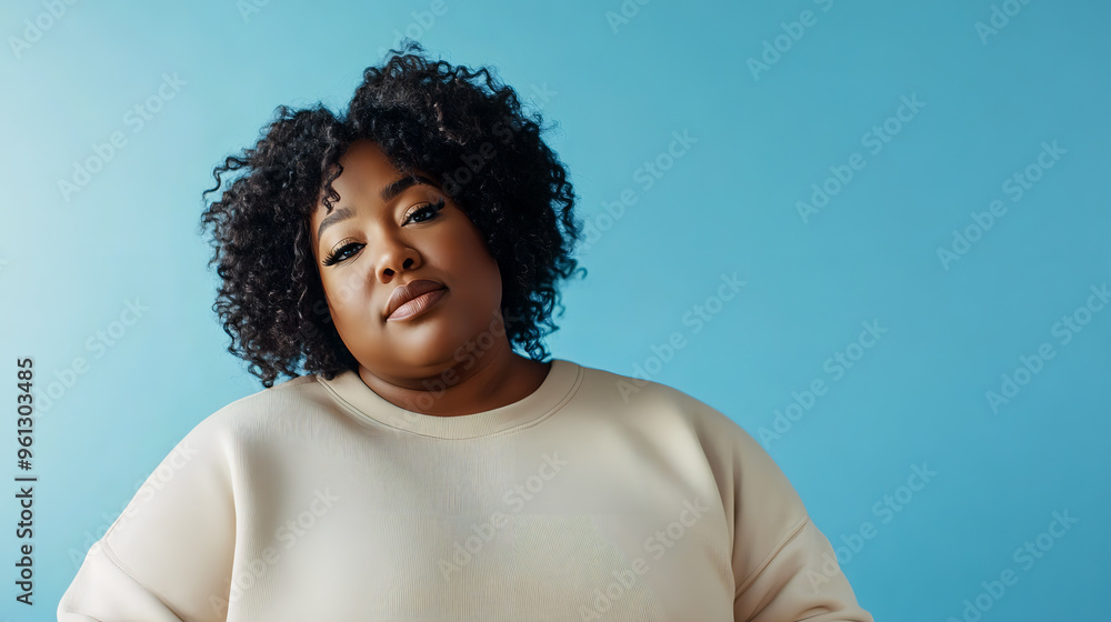 Portrait of serious dark skinned overweight young black woman looks directly at camera dressed in sweatshirt concentrated at camera poses against blue background. Human face expressions and emotions Portrait of serious dark skinned overweight young black woman looks directly at camera dressed in sweatshirt concentrated at camera poses against blue background. Human face expressions and emotions
