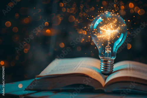 Bombilla incandescente y libro o libro de texto con un icono futurista. Concepto de autoaprendizaje o de estudio de conocimientos y negocios. Idea de clases en línea o aprendizaje electrónico en casa.