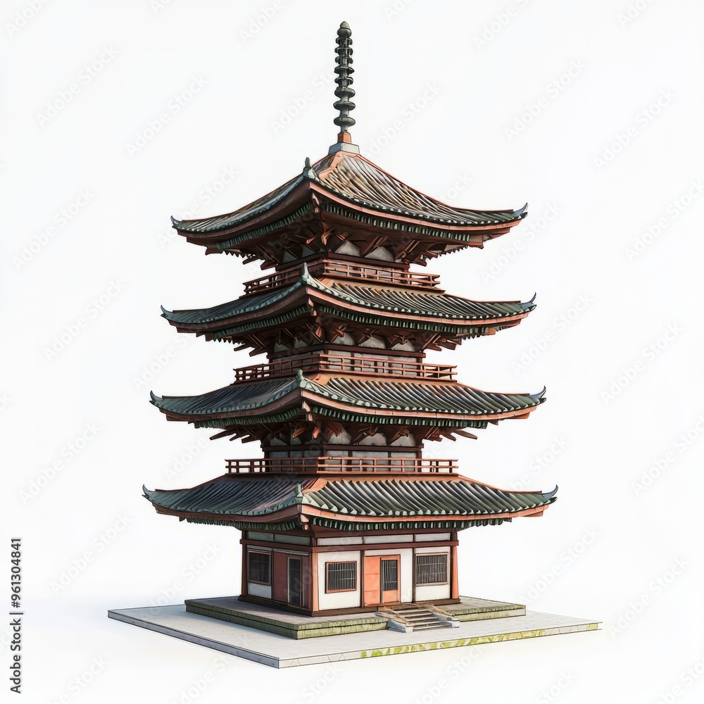 3D Render of a traditional Japanese pagoda with tiered roofs and curved edges, on isolated white background 3D Render of a traditional Japanese pagoda with tiered roofs and curved edges, on isolated white background