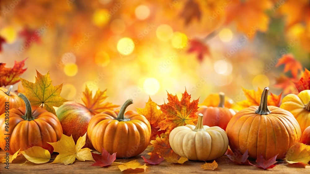Naklejka premium Autumn seamless pattern with pumpkins and colorful fall leaves from a Worm's Eye View