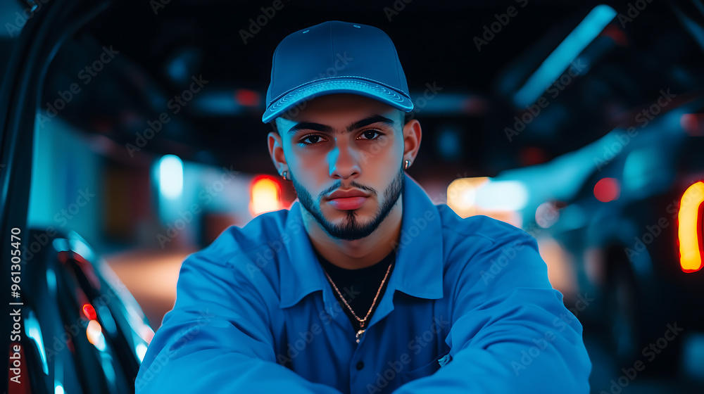 Young man in blue shirt and cap looking at the camera in an urban setting Young man in blue shirt and cap looking at the camera in an urban setting