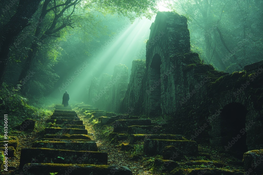 Obraz premium A lone pilgrim walks through a dense forest, guided by ancient stone markers. Generative AI
