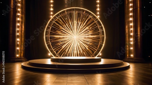 Dramatic and elegant golden luxury stage setup with a circular platform at the center, suitable for showing products and projects