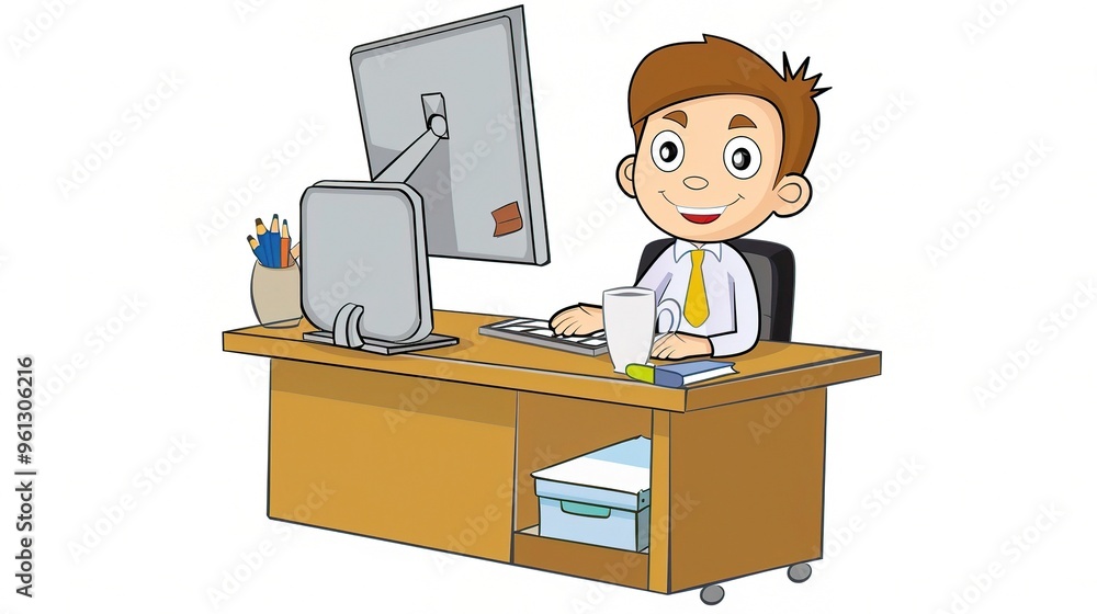 An office cartoon character standing in a professional environment. The character is wearing business attire and has a unique design. It is holding office tools and seems to be engaged in work - relat An office cartoon character standing in a professional environment. The character is wearing business attire and has a unique design. It is holding office tools and seems to be engaged in work - relat