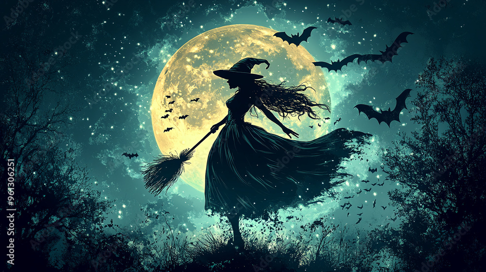 silhouette of a witch with her broomstick halloween party background silhouette of a witch with her broomstick halloween party background