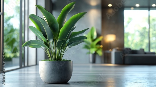 A potted plant with large, lush leaves placed in a modern, minimalist interior, creating a fresh and natural atmosphere with clean design elements.