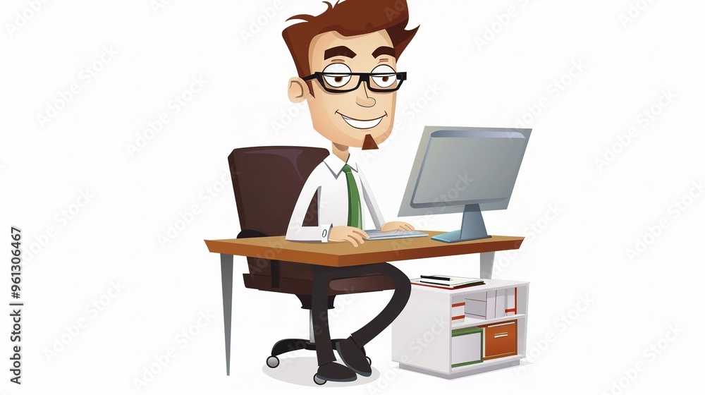 An office cartoon character standing in a professional environment. The character is wearing business attire and has a unique design. It is holding office tools and seems to be engaged in work - relat An office cartoon character standing in a professional environment. The character is wearing business attire and has a unique design. It is holding office tools and seems to be engaged in work - relat