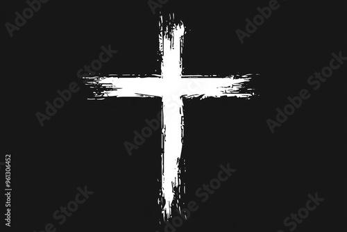 A rough white brushstroke cross is centered on a black background, symbolizing simplicity and faith in a bold, artistic style