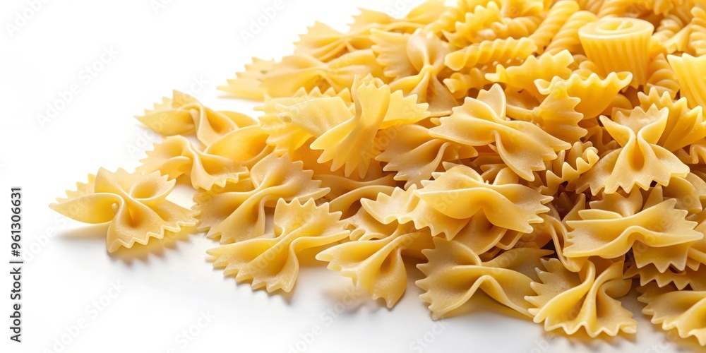 A delicate arrangement of uncooked pasta shapes against a crisp white background, awaiting the perfect sauce to bring A delicate arrangement of uncooked pasta shapes against a crisp white background, awaiting the perfect sauce to bring