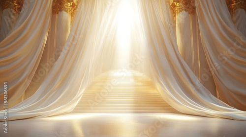 gold background with stage curtains, light shining through the curtain, stairs leading to heaven in the center, golden and white colors, soft tones, luxurious fabric texture