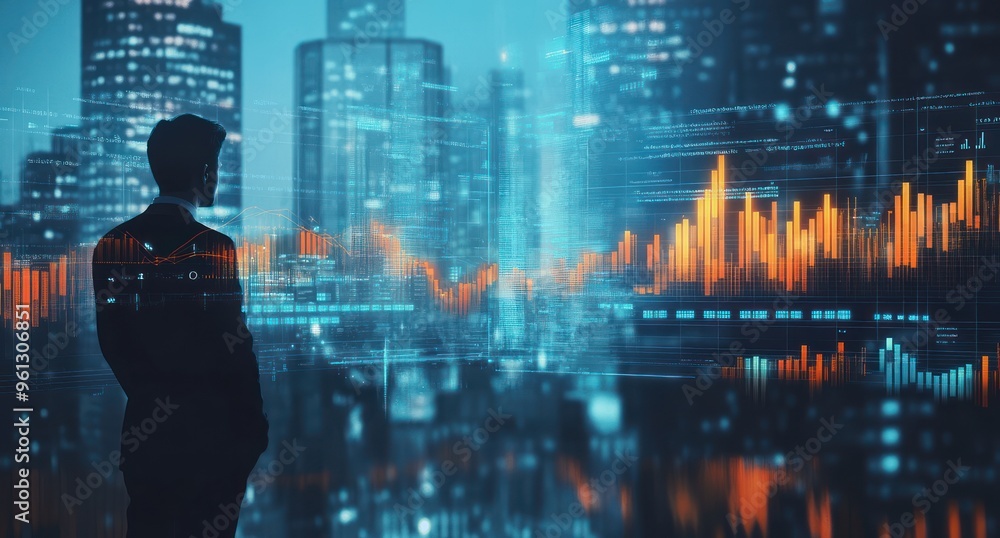 Businessman Looking at Data in Cityscape Businessman Looking at Data in Cityscape