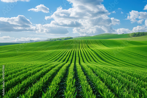 Beautiful Landscape of Agrofield with Smooth Stripes Against a Background of Blue Sky in the Mountains. Green Wheat Field. Agriculture Concept.