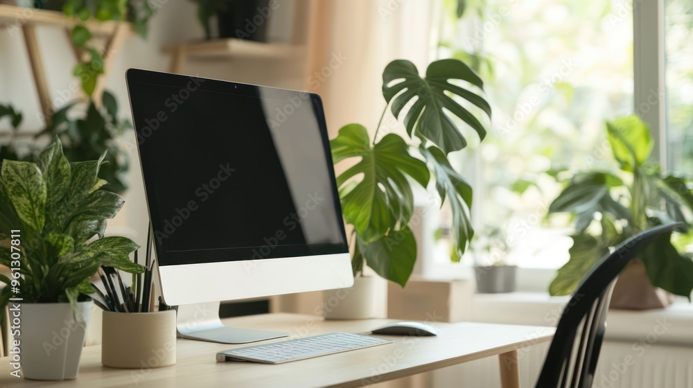 Fototapeta premium Modern Home Office Workspace with Plants
