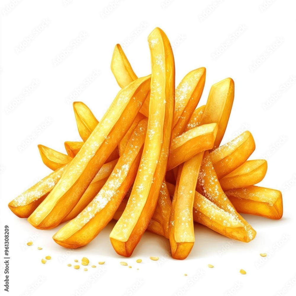 A pile of golden french fries, sprinkled with salt, on a white background. A pile of golden french fries, sprinkled with salt, on a white background.
