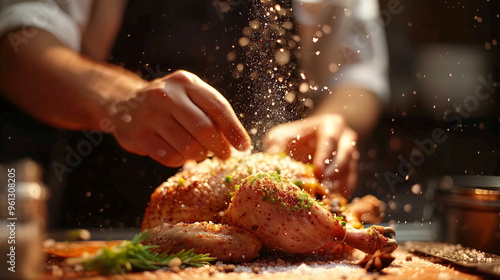 Close up of chef hands is seasoning a Thanksgiving turkey on a wooden countertop in a kitchen. Background for the Thanksgiving seasonal celebration.