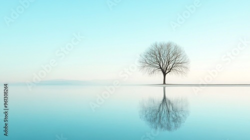 Serene Tree Reflection, a solitary tree stands gracefully by a tranquil lake, mirroring its silhouette in the still water beneath a vast, open sky.