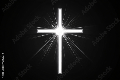 bright glowing cross with rays of light radiating from it against a dark black background, symbolizing faith and hope