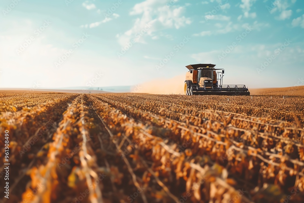 Fototapeta premium A farmer harvests his soybean crop using a combine harvester.