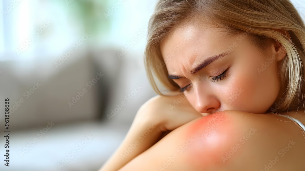 A woman with a pained expression touching her injured shoulder. A woman with a pained expression touching her injured shoulder.