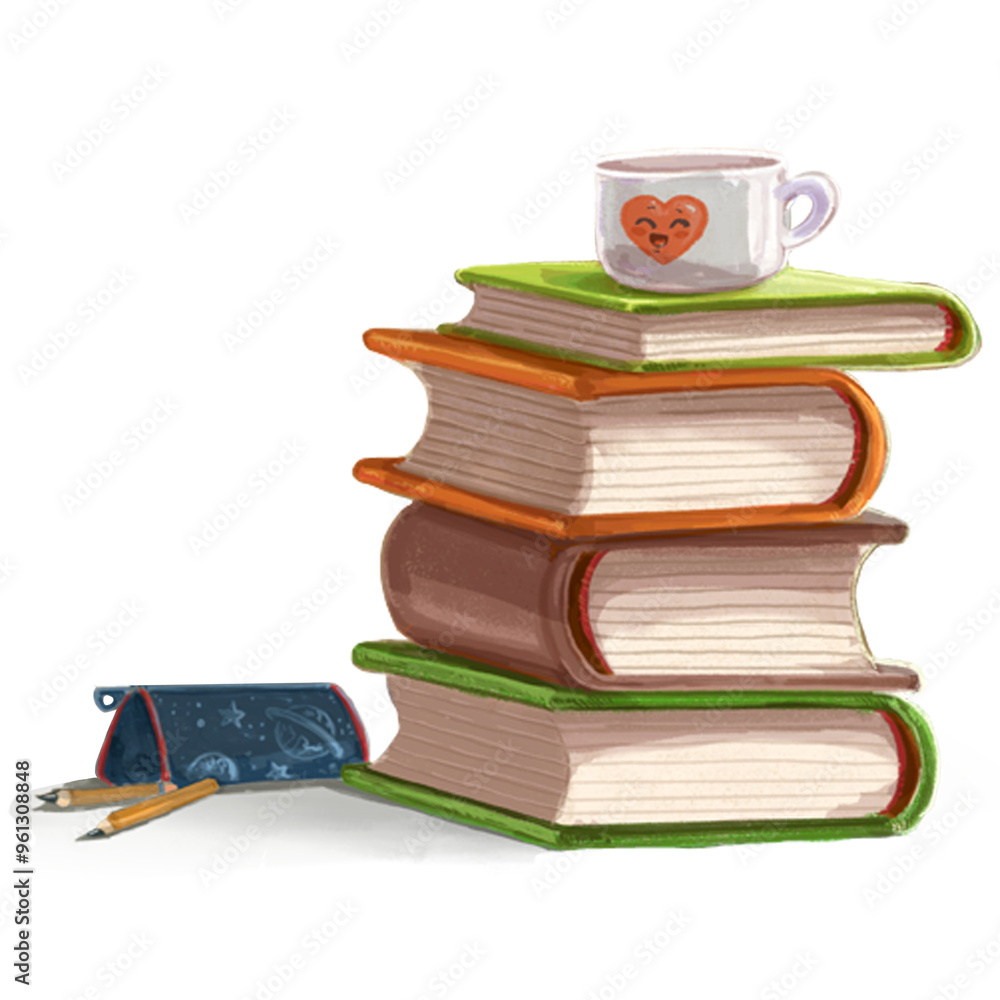 Fototapeta premium Big stack of textbooks, notebooks, a pencil case with pencils and pens and a cup with a drink