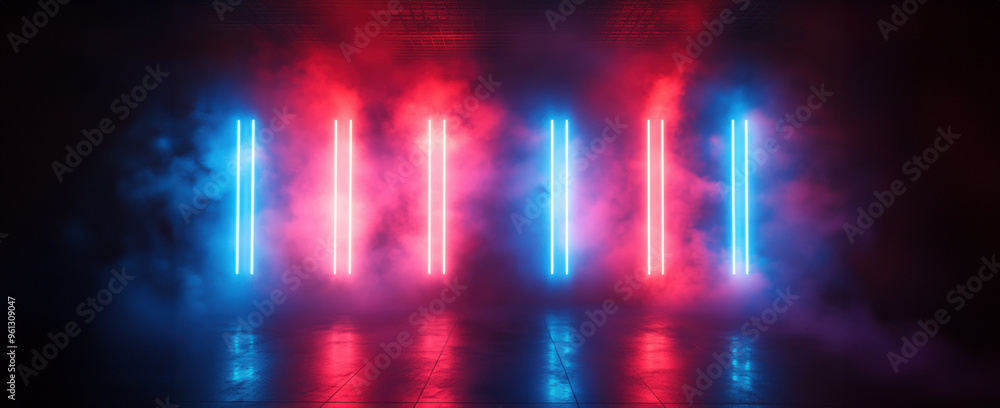 Red and Blue Neon Lights in Smoke Filled Room. Red and Blue Neon Lights in Smoke Filled Room.