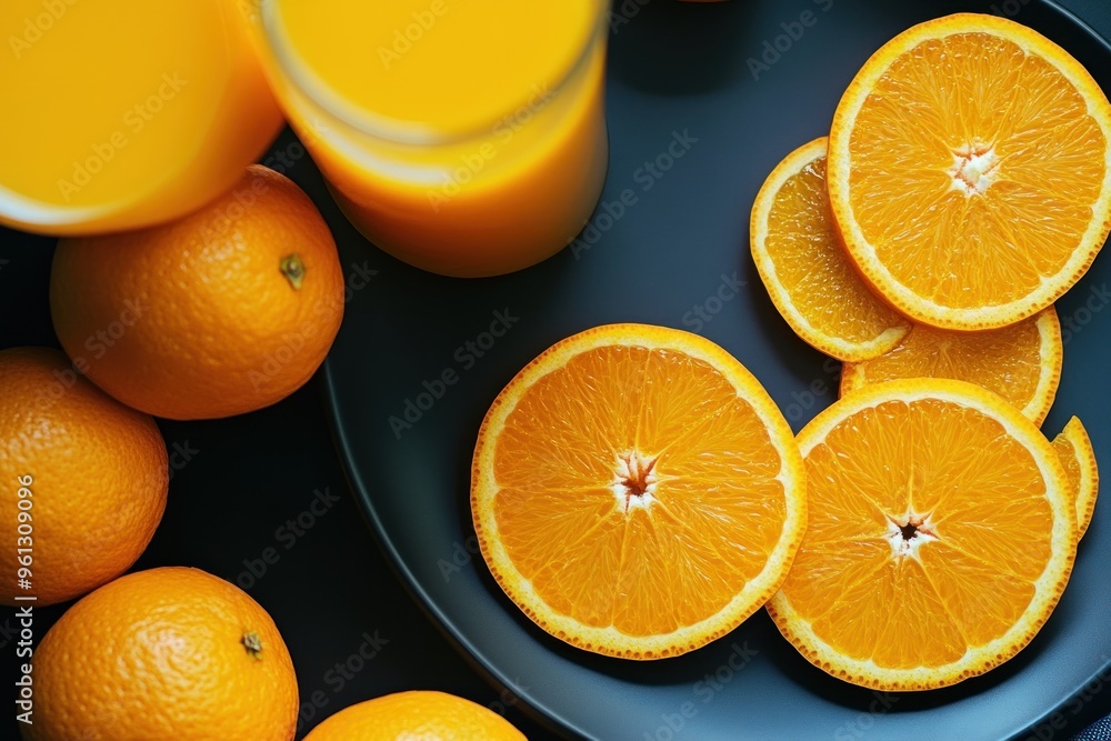 Fresh Orange Slices and Juice on a Black Plate Fresh Orange Slices and Juice on a Black Plate