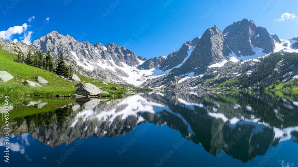 custom made wallpaper toronto digitalTranquil Reflections, serene lake surface reflecting majestic mountain peaks, surrounded by lush greenery, creating a harmonious blend of water and nature's grandeur