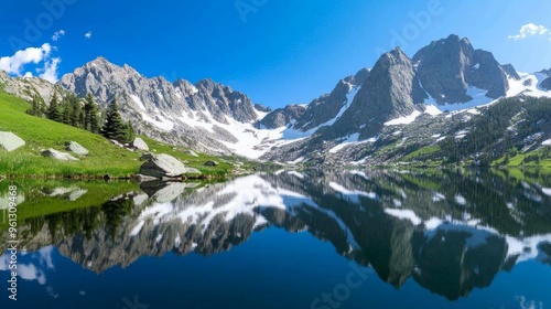Wallpaper Mural Tranquil Reflections, serene lake surface reflecting majestic mountain peaks, surrounded by lush greenery, creating a harmonious blend of water and nature's grandeur Torontodigital.ca
