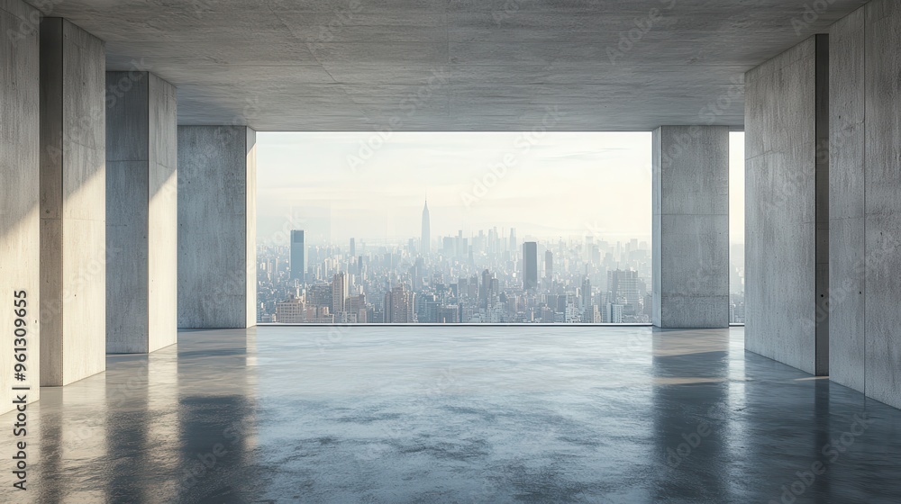 Modern Concrete Building With City View. Modern Concrete Building With City View.