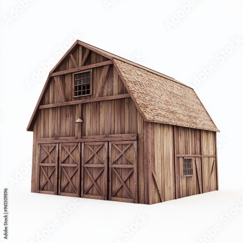 3D Render of a wooden barn with large double doors and a hayloft, on isolated white background