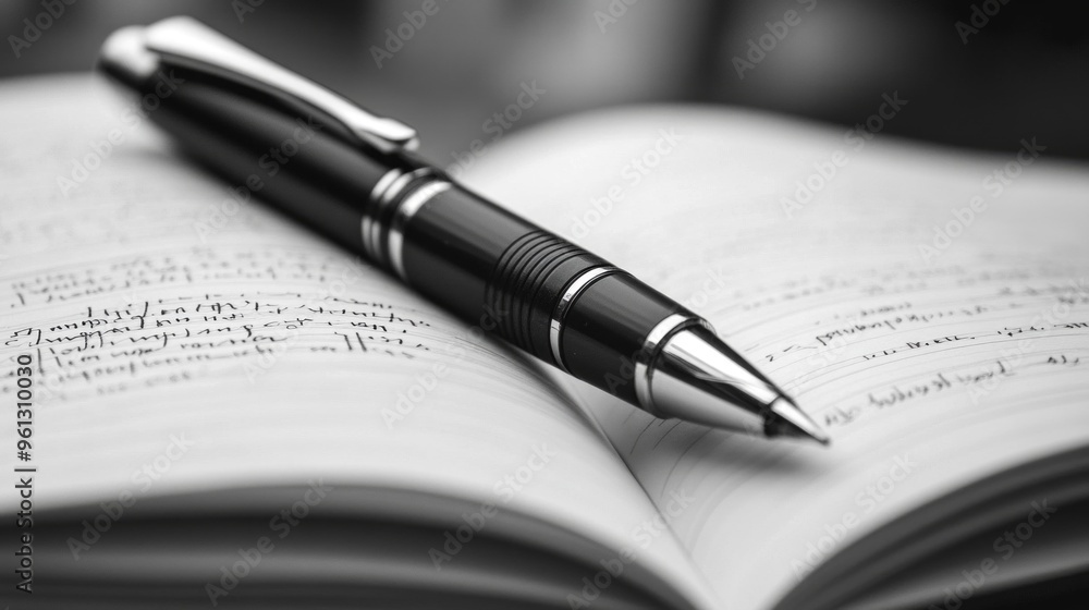 Monochrome pen resting on an open notebook, showcasing a minimalist study space, emphasizing simplicity and the art of note-taking in a creative environment. Monochrome pen resting on an open notebook, showcasing a minimalist study space, emphasizing simplicity and the art of note-taking in a creative environment.