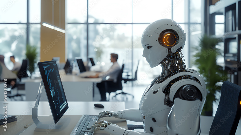 People and artificial intelligence futuristic robot working together in office People and artificial intelligence futuristic robot working together in office