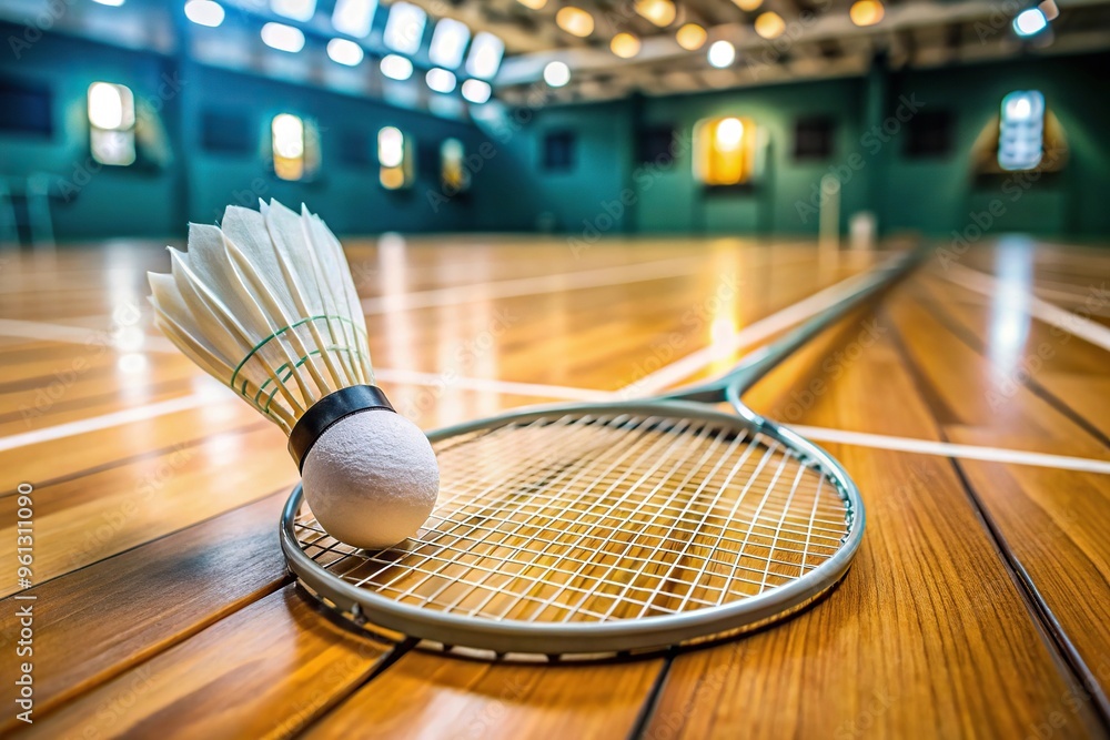 Badminton shuttlecock and racket on court floor at a tilted angle Stock ...