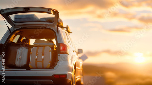 A car is parked with an open trunk full of luggage, basking in the warm hues of a sunset. The horizon reveals a beautiful landscape, perfect for a vacation journey