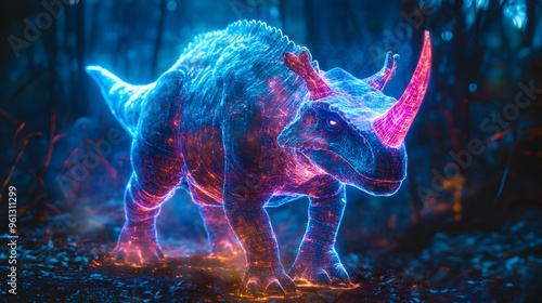 Holographic projection of a Carnotaurus dinosaur a prehistoric carnivore with distinctive horns displayed in a futuristic digital exhibit or museum setting