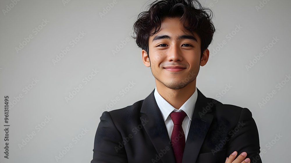 A young man in a suit smiling confidently with arms crossed. A young man in a suit smiling confidently with arms crossed.