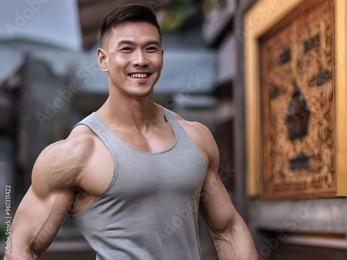 Muscle Asian Man with Grey Tank Top Portrait Smiling and Looking at Camera with Bokeh Traditional Buildings Background