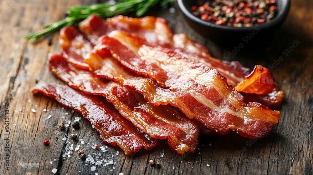 Crispy bacon strips on a rustic table, perfect for a healthy meal or a tasty snack. Crispy bacon strips on a rustic table, perfect for a healthy meal or a tasty snack.