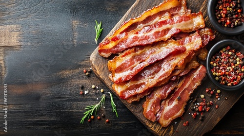Crispy bacon strips on a rustic table, perfect for a healthy meal or a tasty snack.