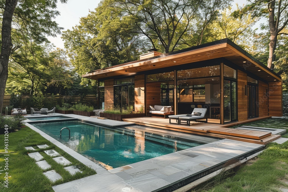 Naklejka premium Modern backyard with pool and small wooden cabin, concrete patio, green grass, trees in background, long shot, cinematic style.