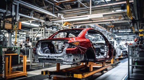 Automated car assembly at a factory. Robots assemble the car on a platform. Robots are equipped with different tools to perform different tasks.