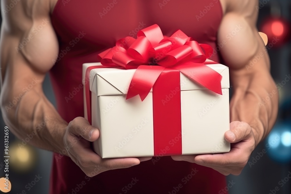 A muscular man holds a gift with a red ribbon. The atmosphere is warm and festive A muscular man holds a gift with a red ribbon. The atmosphere is warm and festive