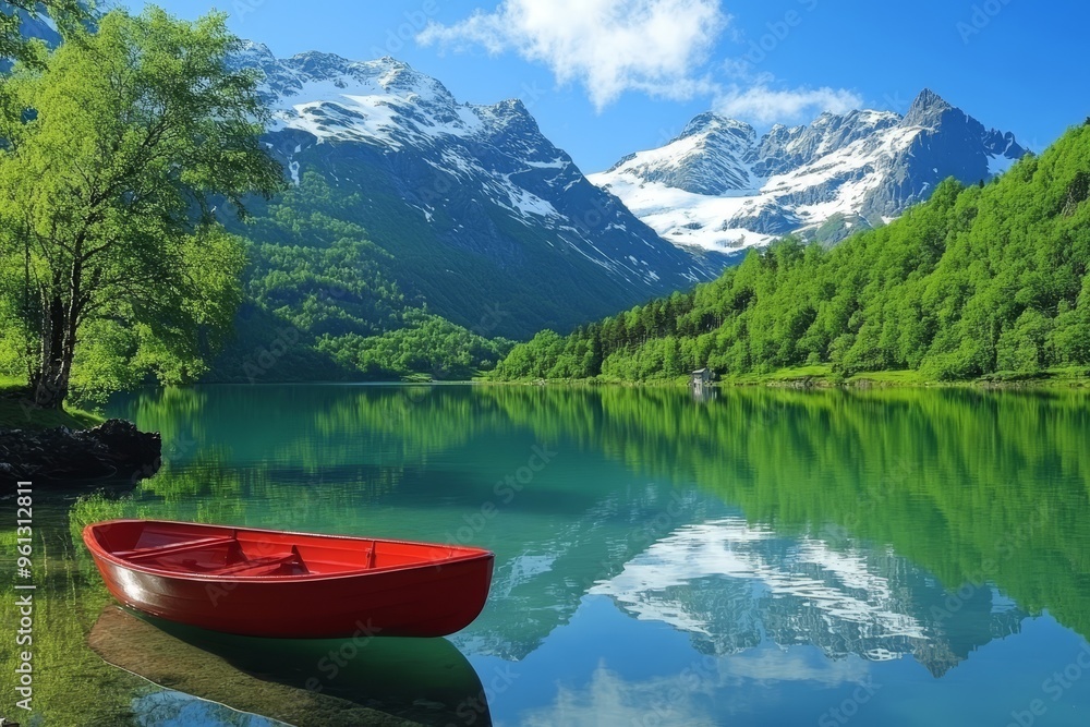 Serene Norwegian Landscape Red Rowboat on a Crystal-Clear Lake Amidst Majestic Mountains Serene Norwegian Landscape Red Rowboat on a Crystal-Clear Lake Amidst Majestic Mountains