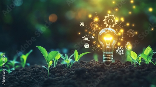 Innovative Growth, a lightbulb emerging from soil like a plant, encircled by gears and digital symbols, signifies the blossoming of ideas through opportunity and entrepreneurship. photo