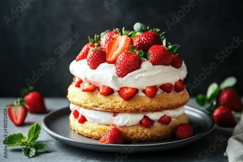 A classic strawberry shortcake with layers of fluffy sponge cake, fresh strawberries, and whipped cream